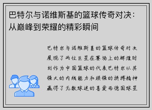 巴特尔与诺维斯基的篮球传奇对决：从巅峰到荣耀的精彩瞬间